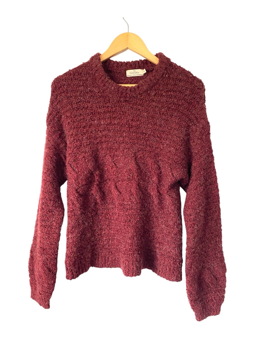 VINTAGE Maroon Cable Knit Crewneck Sweater Wool Blend Cozy Chunky Pullover S